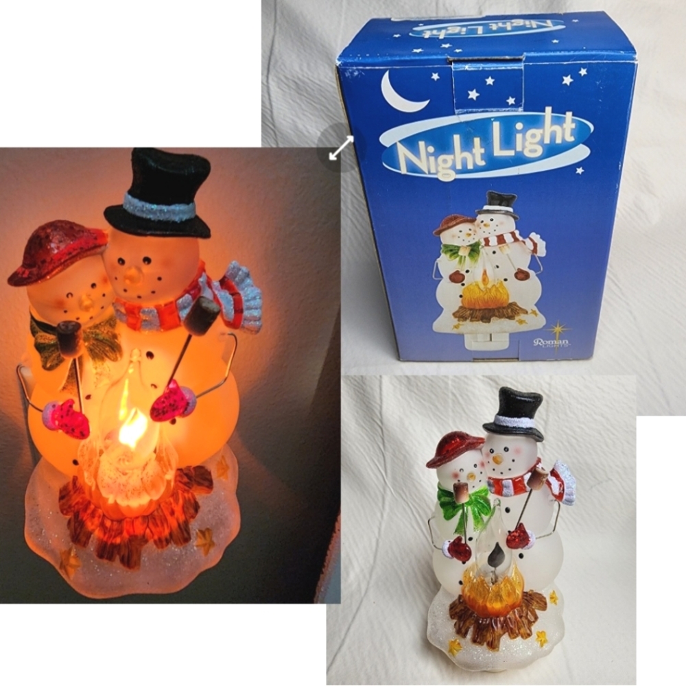 Vintage Roman Snowman Pair Night Light In Original Box 2007 Winter Decor